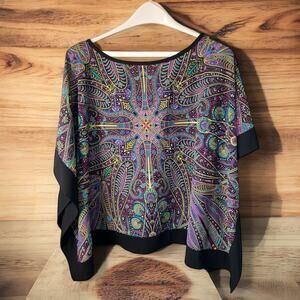 Nicole Miller Paisley Tunic Shirt XS Black & Purple With Colorful Accents